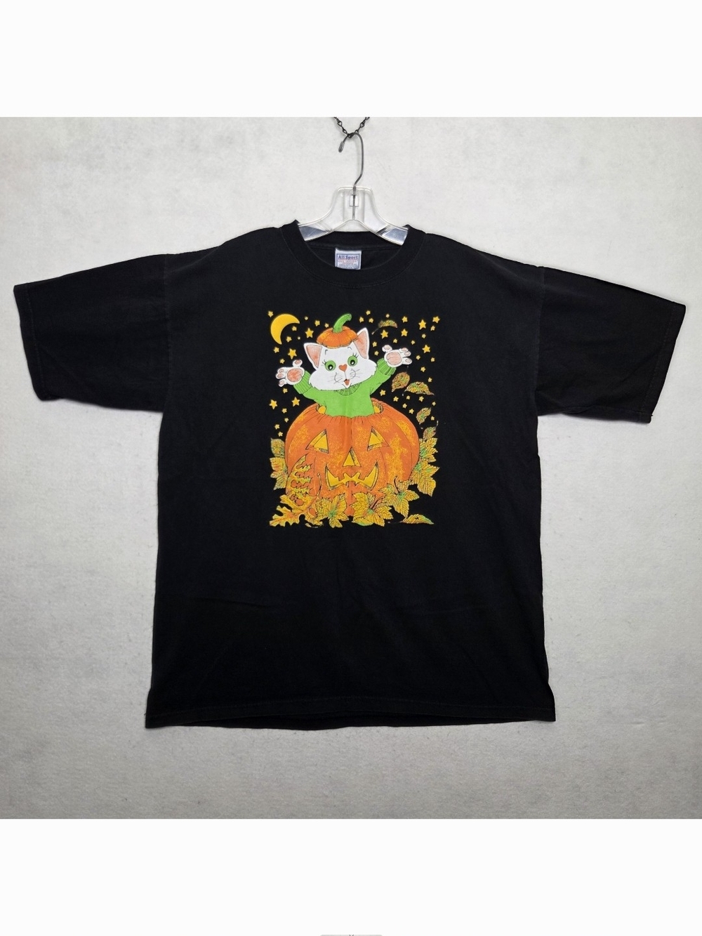 Vintage All Sport TShirt Mens XL Halloween Cat Pumpkin Graphic Tee Black Unisex